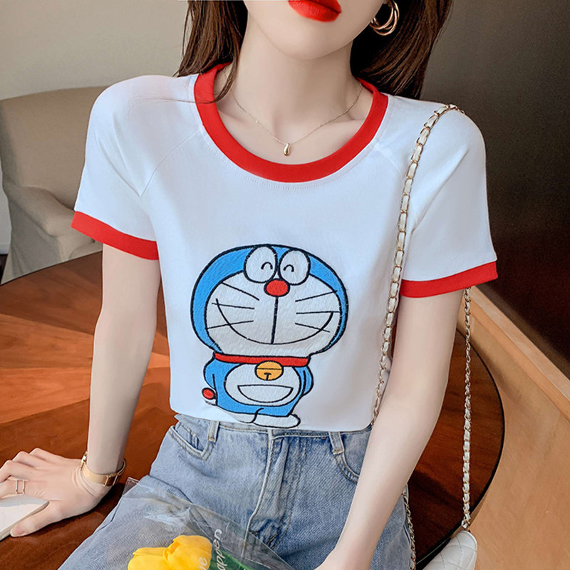 Doxa A dream T-shirt woman 2022 Summer new cartoon bites Cat Embroidery Short Sleeves Pure Cotton Loose s Tide Blouse