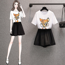 Big Code Women Dress Fat Mm Ocean Bronzed and Cartoon Printed Little Deer T Broadlegged Shorts Two Suits Fall New
