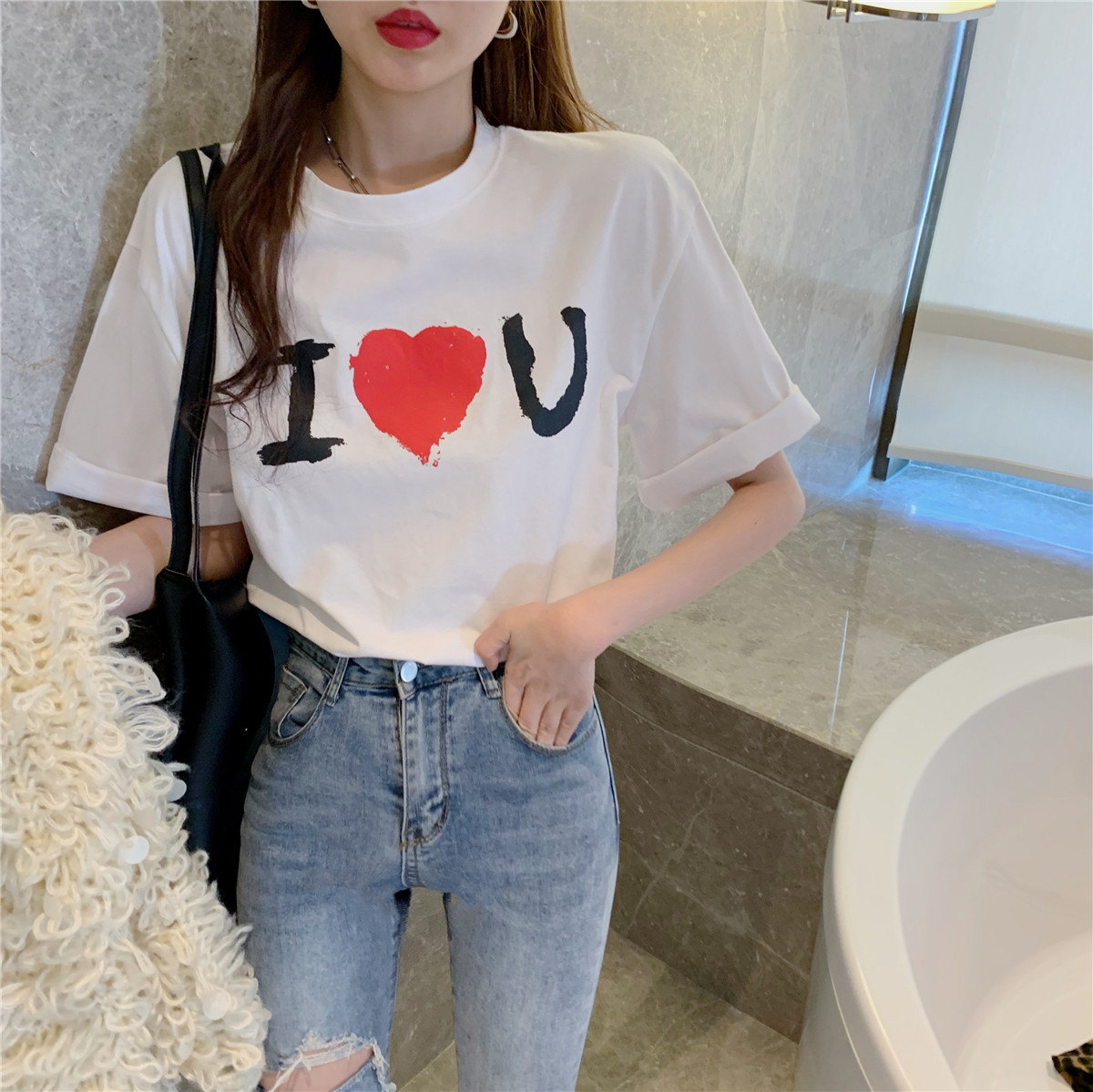 White Short Sleeve T Shirt Woman in the summer of 2023 new love printed Han Edition with large-scale couples