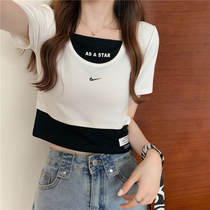 Short short sleeves T-shirt woman 2022 Summer new hit color fake two elastic Korean version swarm with a thin bottom blouse