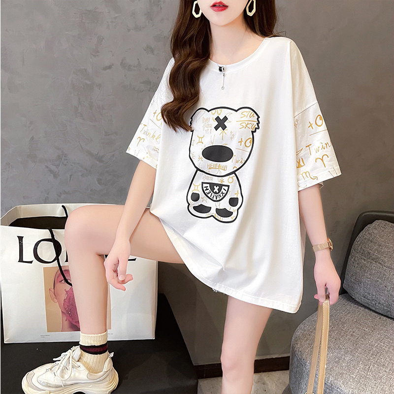 Large size women's short-sleeved T-shirt women's 2022 summer European station loose medium-length white bear T-shirt top