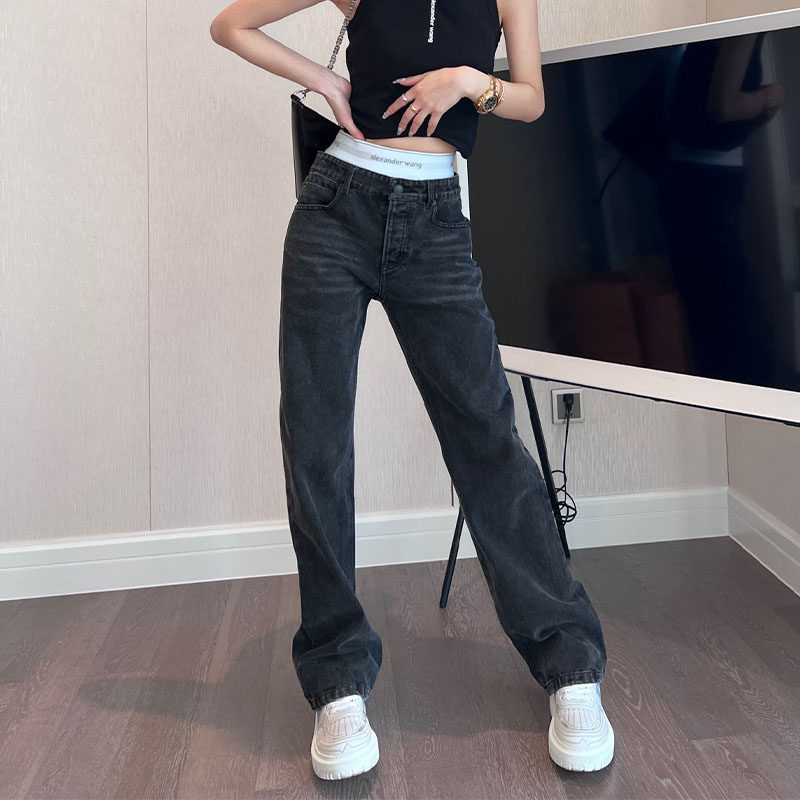 Double Waisted Jeans Woman 2022 Spring Summer New splicing Collision Color Fake two wide leg pants Slim Loose Straight Barrel Pants