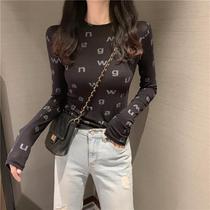 Black long-sleeved womens 2022 spring and autumn new Korean version of the letter printing slim inner bottoming shirt T-shirt womens top