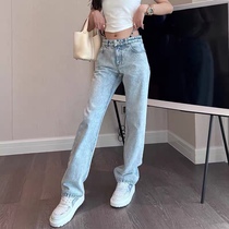 Jeans Woman 2022 Spring Summer New High Waist Korean Version Sexy Water Drill Tape Easy Letter Straight Barrel Broadlegged Pants