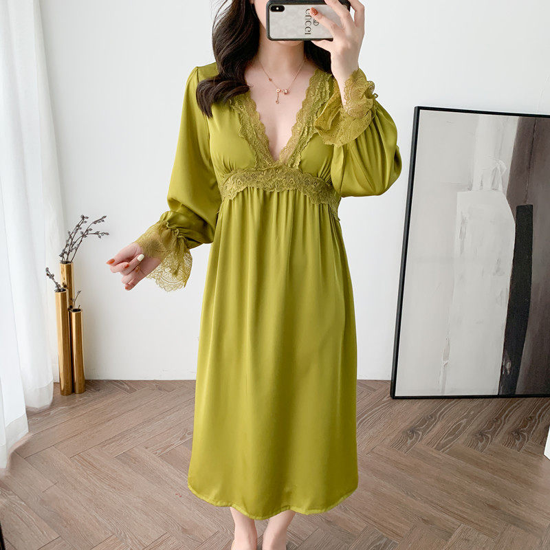 Sexy Pyjamas Ladies Palace Sleeping Dress Spring Autumn With Chest Cushion Long Sleeves Lace Princess Wind Ice Silk Summer Thin family clothes