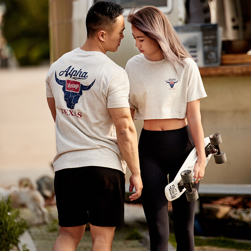 AlphaGym a rough man couple Texas bull head print short-sleeved American retro sports loose casual T-shirt