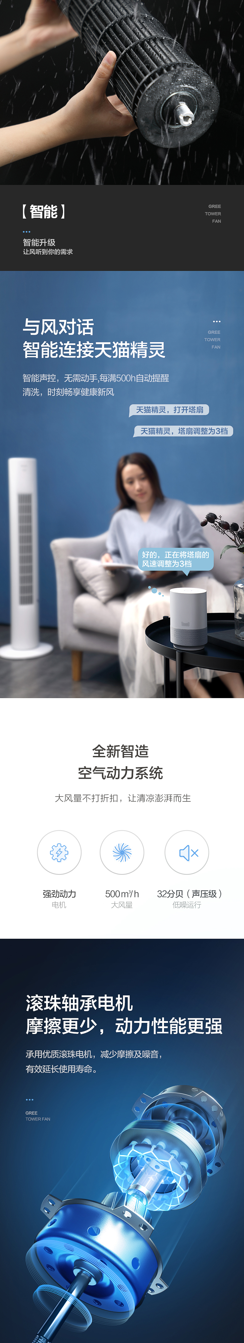 格力X天猫精灵 大风力静音塔扇  智能定时语音遥控 图2