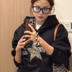 American retro Black Hooded Sweatshirt Women's Spring & Fall Thin Preppy style Cotton Loose Mid Length Long Length pullover Outwear