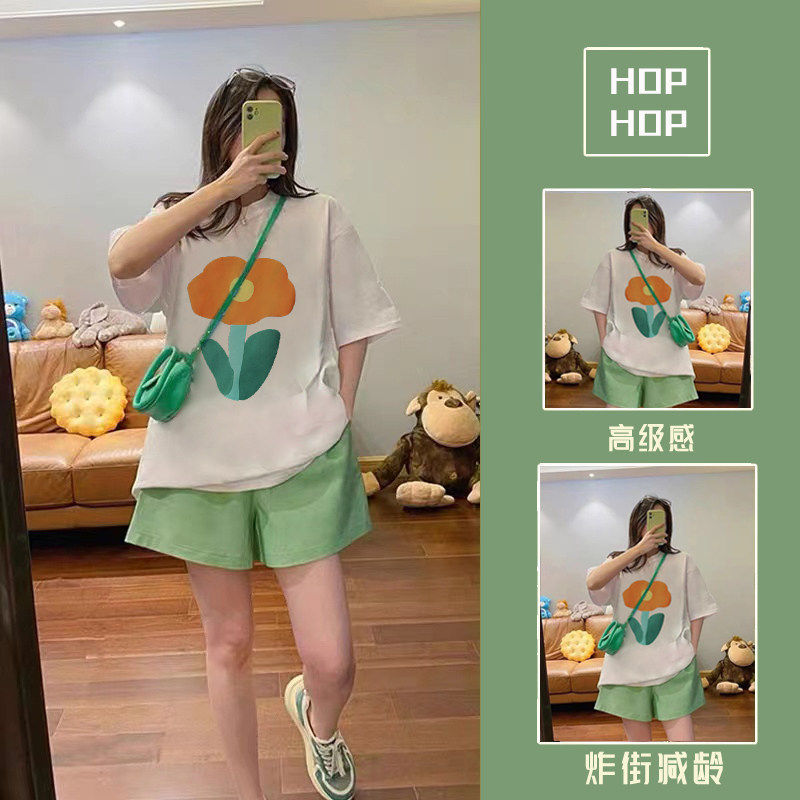Salt series small casual sports suit female summer fried street age reduction cartoon short-sleeved shorts loose two-piece tide