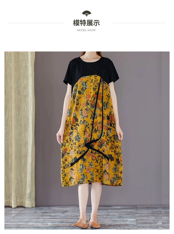 Mumei thơ nguyên bản phong cách dân tộc in cotton và váy lanh cổ tròn váy dài retro mùa hè quần áo mới của phụ nữ - váy đầm