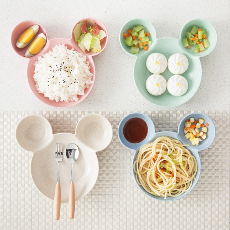 Wheat Straw Mickey Bowl Four-Piece Piggy Peggy Bowl Chopsticks Set Home Cartoon Divided Children's Dinner Plate