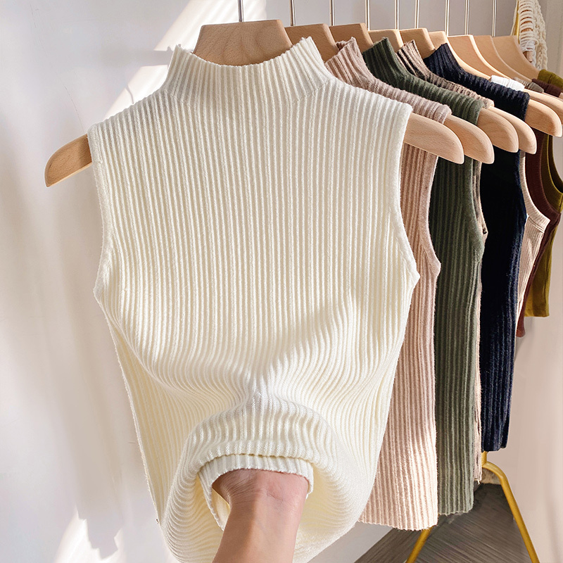 Knitted Suit with Spring/Summer Camisole, Women's Spring Vest, Half-High Collar, Sleeveless Outerwear, Soft and Cozy Base Layer for Winter