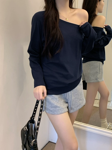 Синий сексуальный весенний лонгслив, бархатная демисезонная футболка, свободный крой, открытые плечи