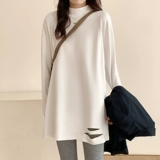 Бархатный приятный телу осенний флисовый лонгслив, белая футболка, длинная толстовка, высокий воротник, в западном стиле, средней длины