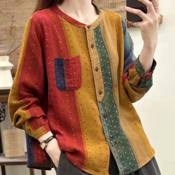 Artistic Retro Long-Sleeved Cotton Shirt for Women 2025 Autumn New Loose Casual Round Neck Cardigan Top Trendy