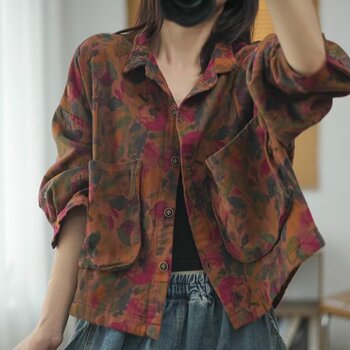 2025 Autumn New Artistic Versatile Loose Casual Plus Size Printed Cotton Gauze Lapel Long Sleeve Cardigan for Women