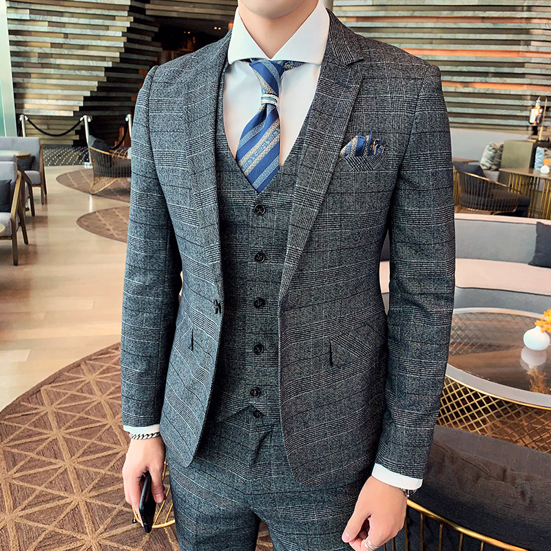 Quần Suit Suit mới của Anh sọc ca rô Business Casual ăn mặc Suit Ba mảnh nam