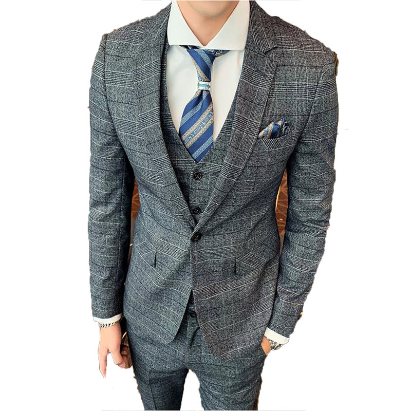 Quần Suit Suit mới của Anh sọc ca rô Business Casual ăn mặc Suit Ba mảnh nam