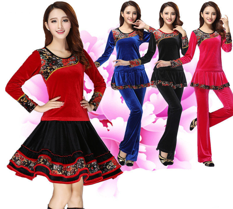 2019 square dance clothing new golden velvet suit Spring and Autumn long sleeve skirt pants middle age dance dress