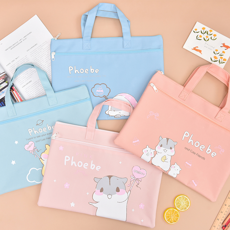 Canvas Pack Cardbag Bag Bookbag Double-layer File Bag Zipping Large Capacity Learning Students Using Little Fresh Creative Cartoon Cute Pack Female Simply Go to School