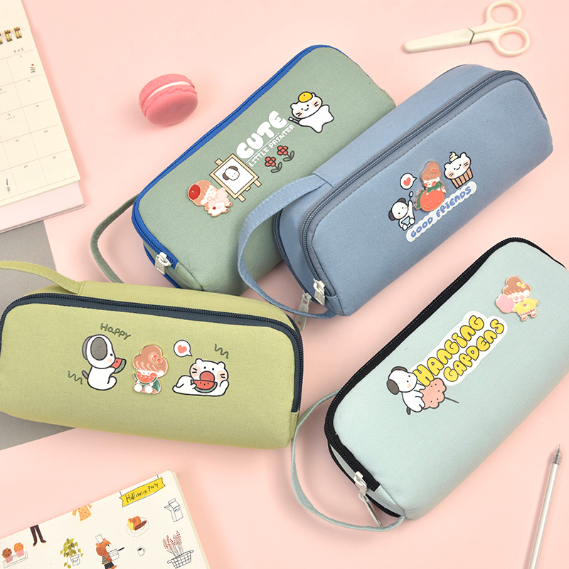 2021 new popular portable canvas double-layer large-capacity pencil case pencil case stationery bag girl Korean ins Japanese high-value cute literary niche original girl heart student use
