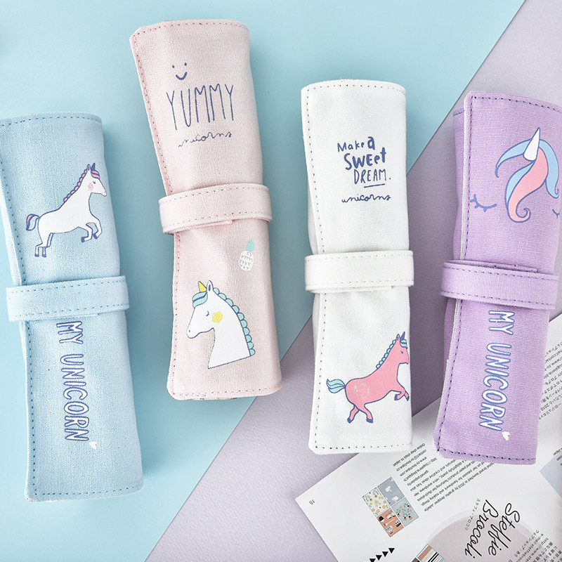 Japan-ROK creative cartoon cute little clear new canvas minimalist pencil bag roller blind pen bag male and female student drum creative roller cog pencil bag junior high school student pen curtain pencil case for men and women with children