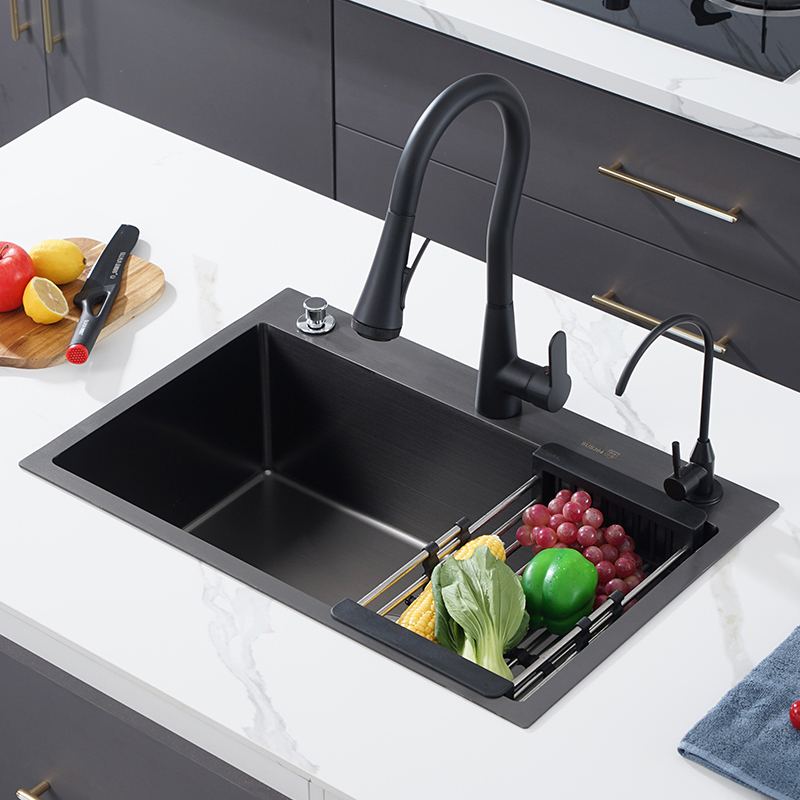 Stainless Steel Dishwashing Tank Black Nano Kitchen Sink With Drain Basket Home Wash Vegetable Basin Pumping Pull Tap Large Single Sink