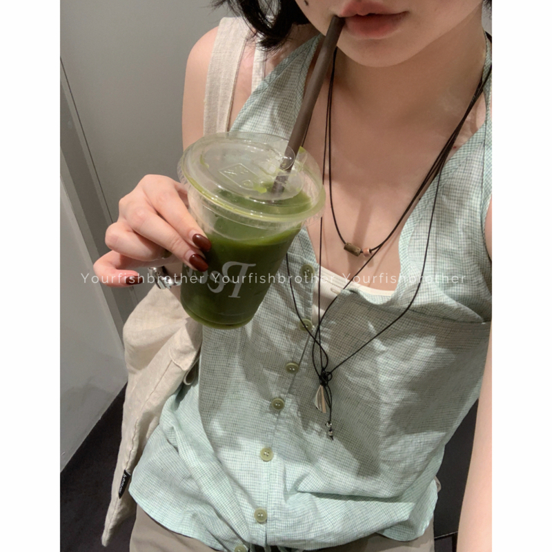 Yourfishbrother Midsummer Green Apple~ Hemp Blend Tie-Up Plaid Camisole Tie-Up Top Sleeveless for Women