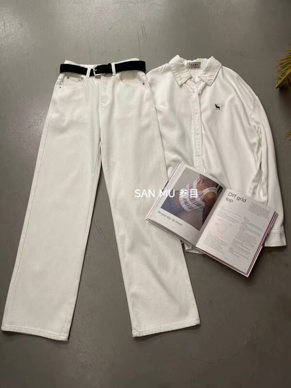 Sanmu In-Stock 66530 New Fashion White Straight-Leg Slimming Casual Jeans for Women with Belt