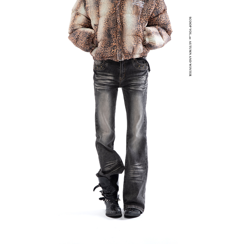 Scoop Wilderness Party American Retro Style Slightly Flared, Slightly Stretchy, Washed and Distressed Jeans That Won'T Fade, Low-Waisted Long Pants