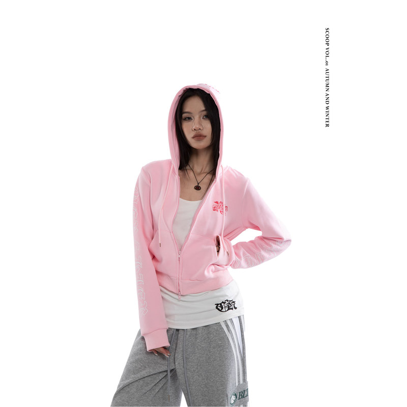 Scoop Heavy-Duty American Retro Sanskrit-Style Letter Print Short Hooded Cardigan Sweatshirt for Women