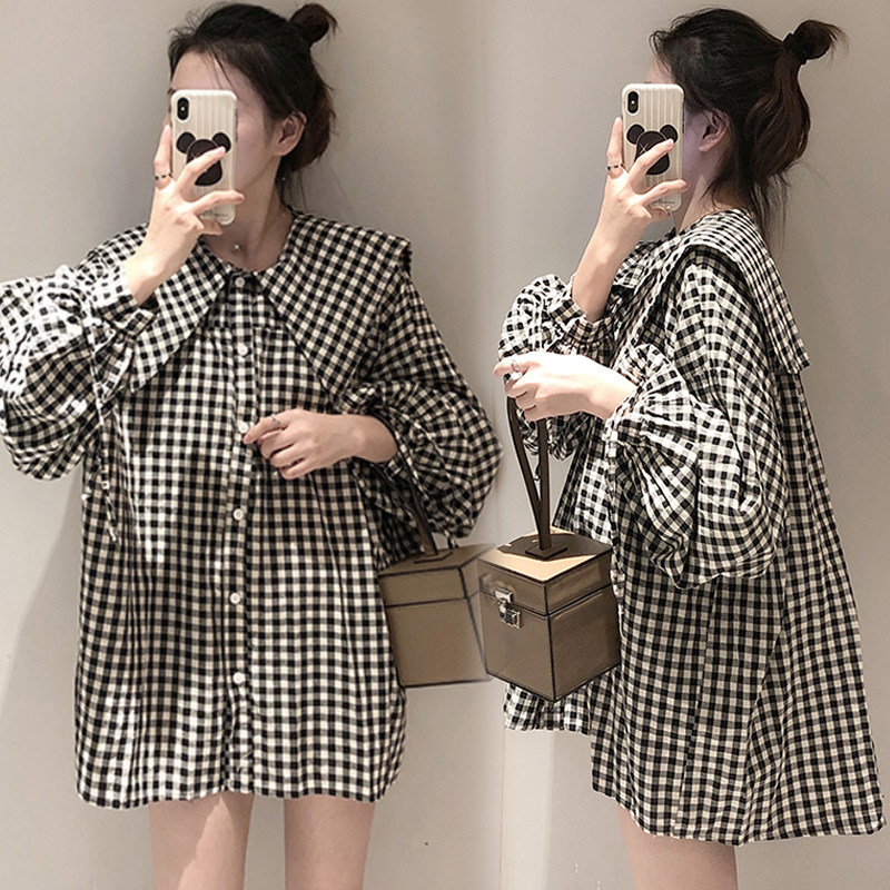 Pregnant women spring suit fashion trendy hot mom personality long-sleeved early spring plaid top shirt dress maternity dress