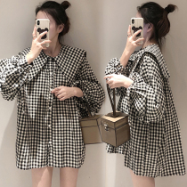 Pregnant women spring suits fashion trendy hot mom personality long-sleeved early spring plaid top shirt dress maternity wear