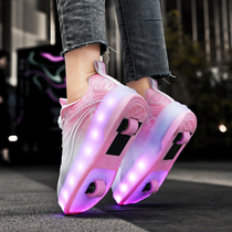 Deformed shoes Heelys shoes two-wheeled walking shoes for adults explosive walking shoes for students double-wheeled pulleys flying shoelaces wheeled shoes