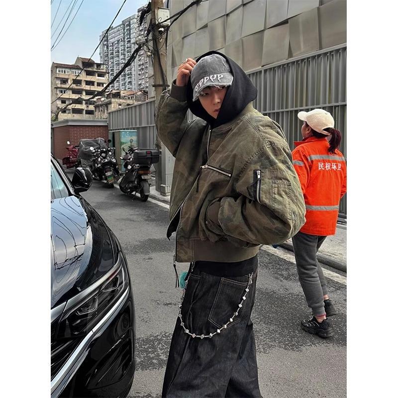 Street Retro Fake Two-Piece Hooded Camouflage Jacket Cotton Coat Men's Bomber Pilot Thickened Jacket Baseball Uniform