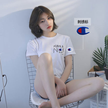 日版余文乐冠军短袖男女美版刺绣学生情侣ha