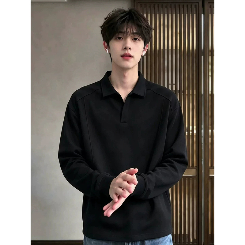 Black Regular Shoulder Lapel Polo Shirt for Men, Autumn American Style Heavyweight Long-Sleeve T-Shirt, Cleanfit Inner Layer Base Shirt