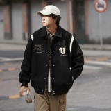 Бордовая короткая шерстяная демисезонная куртка, бейсбольная форма для отдыха, в американском стиле, свободный крой