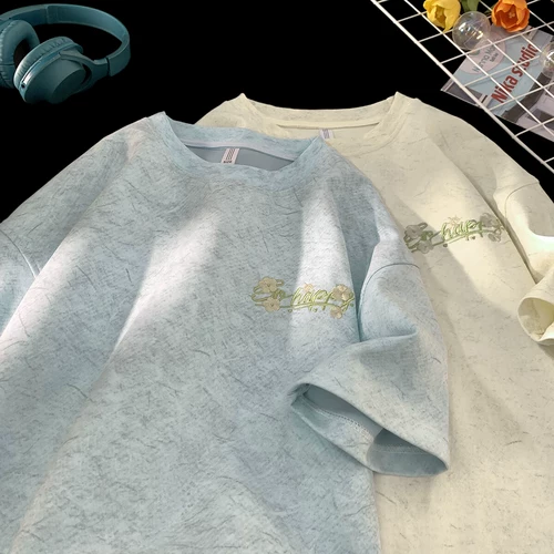 Быстросохнущая летняя шелковая футболка с коротким рукавом для отдыха, с вышивкой, короткий рукав, в американском стиле