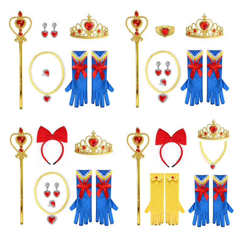 Snow White Crown Girls' Red Headband Heart-Shaped with Diamonds Scepter Magic Wand Crown Necklace Gloves Luxury Set