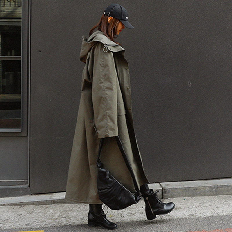 Military-Style Overcoat, Knee-Length, Korean Version, Loose Fit, Plus Size Cardigan, Casual Bf Style, Fashionable Student Hooded Trench Coat, Trendy