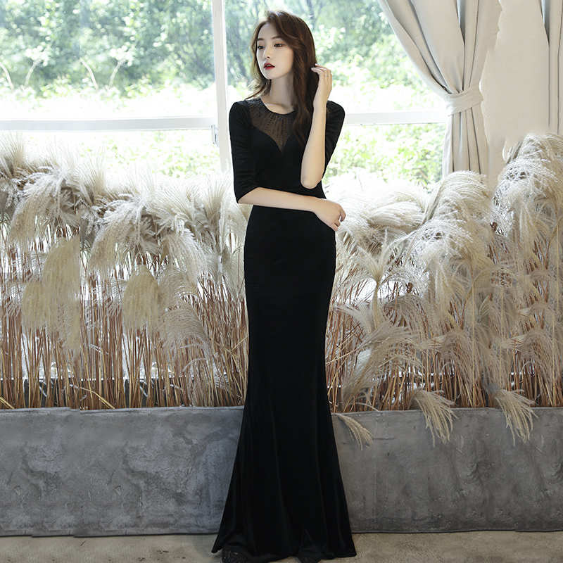 Black Evening Dress for Women 2026 New Style Banquet Host Mermaid Dress High-End Velvet Autumn and Winter Classy Annual Meeting