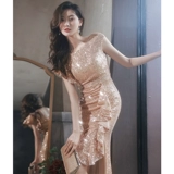 Блестки для ногтей, элитное длинное вечернее платье, крой «рыбий хвост», коллекция 2023, легкий роскошный стиль, премиум класс