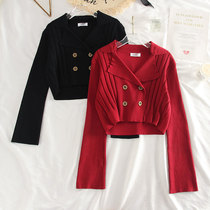 2021 autumn new small fragrant style fashion double-breasted knitted short coat ladies long sleeve sweater top Korean
