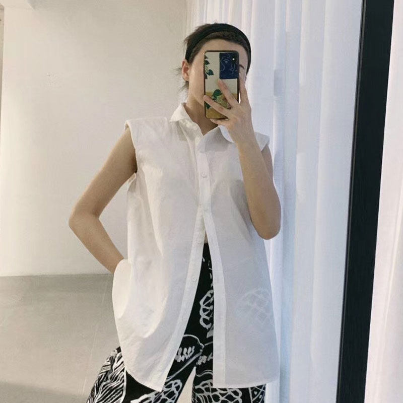 2021 spring new outwear padded shoulder sleeveless shirt woman design sensation small, light cooked shirt square collar a character blouse