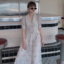 French vintage lace stitching fake two-piece dress female medium long single-breasted autumn retro floral skirt chic