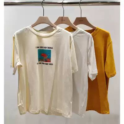 tabmini 2021 Summer New Women Women Art Oil Painting Letter Print Short Sleeve Women Loose Round Neck T-shirt Top