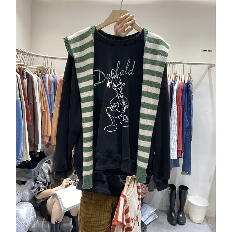 Spring Autumn Season New Tang Old Duck Sweater Women's Ins Long Sleeves Letter Loose Casual Minus-Age Fleece Jacket 