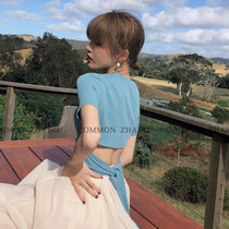 2021 summer new back bow lace-up short sleeve knitted T-shirt womens pullover crotch short sweater