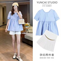 Pregnant woman shirt Two sets Summer cover with short sleeve blouse Loose Big Code Shirt 50% Tobellied Shorts Summer Thin